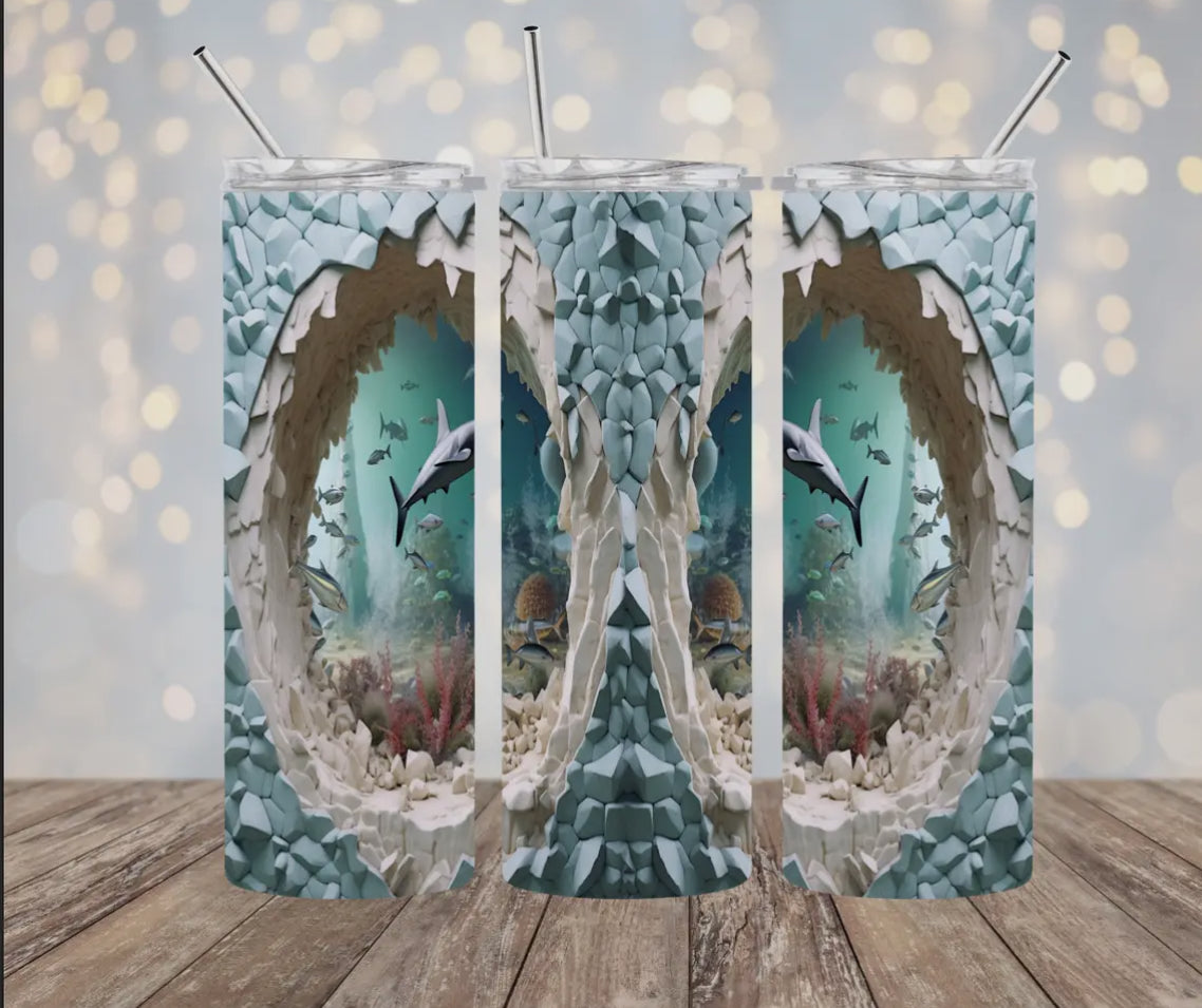 20oz Stainless Steel Tumbler - 3D Effect - Shark
